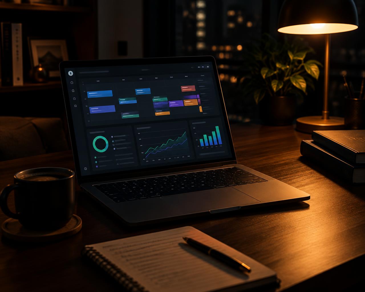A coach reviewing the week's programming dashboard on a laptop at night